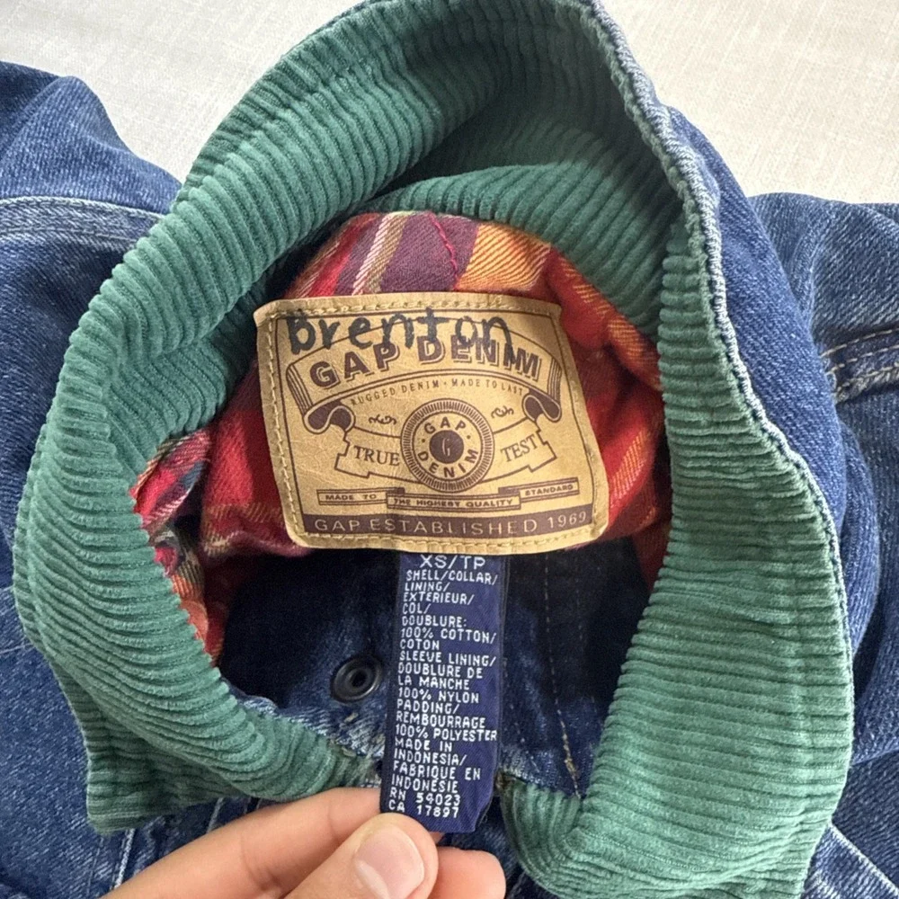 Vtg GAP Denim Jacket Kids XS Corduroy Collar Plaid Lined Chore‎ Barn Coat 90s